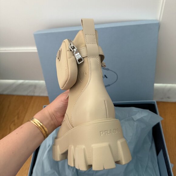 Prada Monolith Platform Combat Boots Re-nylon Leather In Deserto Pouch Pockets - Picture 6 of 12